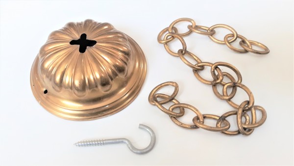 Antique pressed brass ceiling rose cap and gilded chain