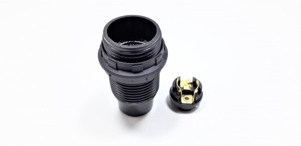 E14 bulb-lamp holder 3 part threaded skirt plus shade ring black plastic