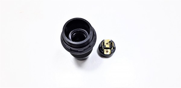 E14 bulb-lamp holder 3 part threaded skirt plus shade ring black plastic