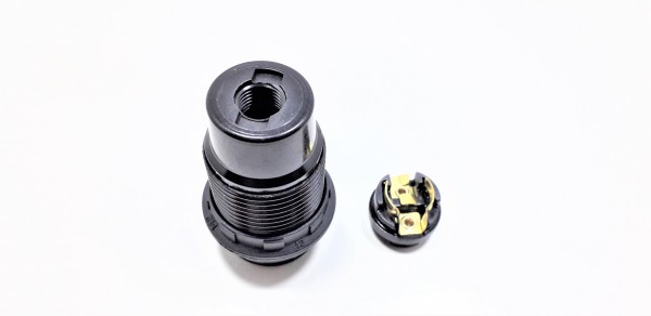 E14 bulb-lamp holder 3 part threaded skirt plus shade ring black plastic