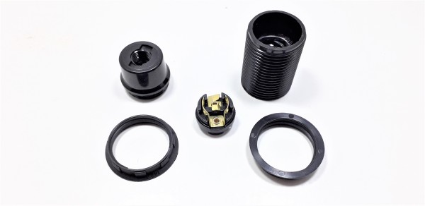 E14 bulb-lamp holder 3 part threaded skirt plus shade ring black plastic