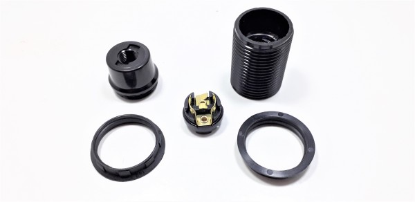 E14 bulb-lamp holder 3 part threaded skirt plus shade ring black plastic