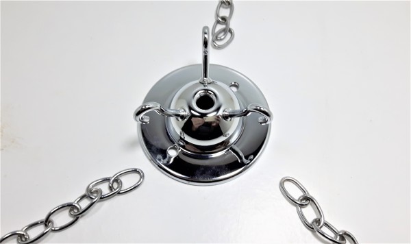 3 hook ceiling plate in chrome with 3 x 12 inch lengths of chrome chain