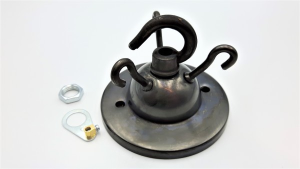 Old Bronze Finish 3 Hook Ceiling Pendant Plate With Centre Hook and Earth Tag