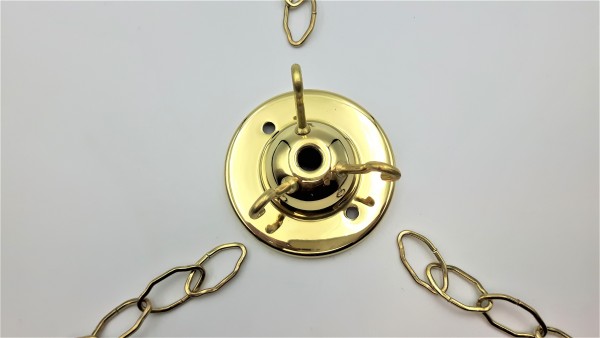 Chandelier 3 hook ceiling plate in brass with 3 x 12 inch lengths of brass plated gothic chain