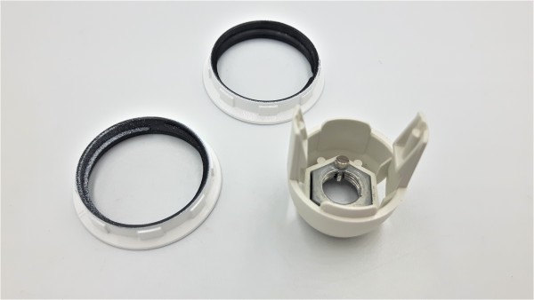 E14 Bulb Holder 2 Part Threaded Skirt and 2 Shade Rings White Plastic 