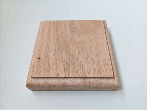 Thick square ceiling pattress manufactured from Oak. Approx. width 125mm