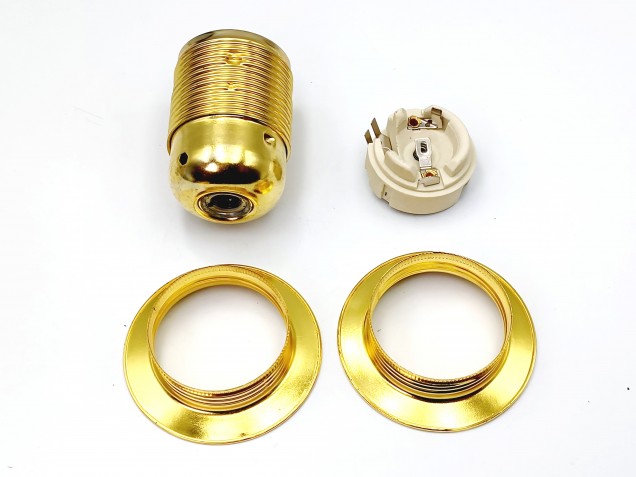 ES E27 lamp holder 3 part plus shade rings in Brass
