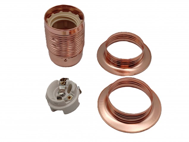 E27 Copper Lamp Holder 3 Part Plus Shade Rings 