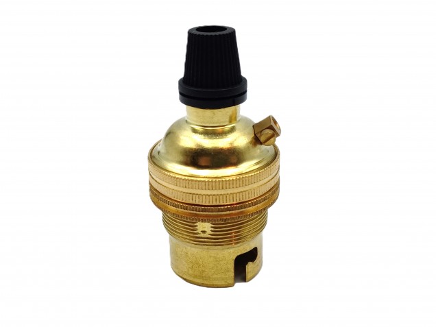 Brass lamp holder with black cord grip threaded skirt