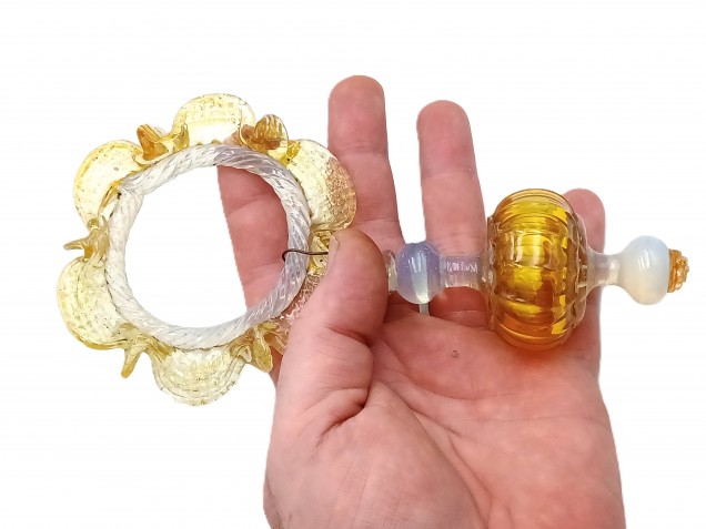 Murano amber and pale blue glass chandelier hoop and drop Circa 1890