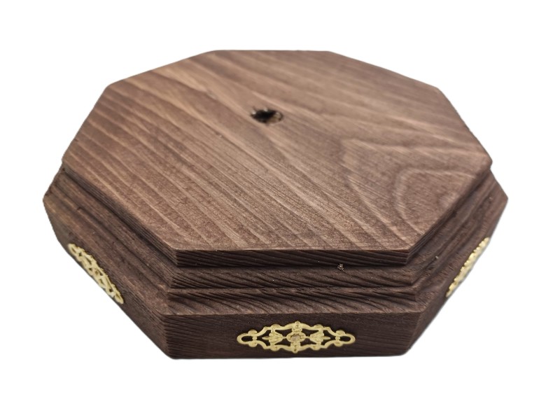 Oak stained pine wooden pattress octagon with brass hook plate