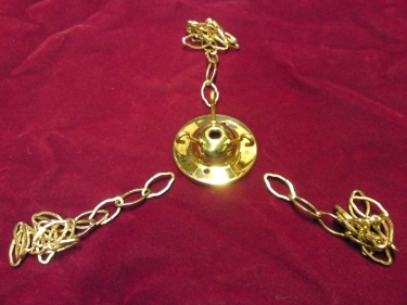 Chandelier 3 hook ceiling plate in brass with 3 x 12 inch lengths of brass plated gothic chain