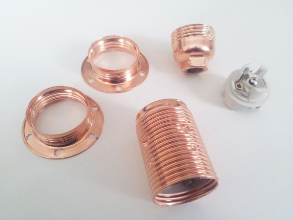 Copper E14 bulb holder - lamp holder 3 part plus 2 shade rings 10mm thread 