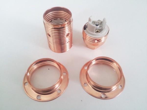 Copper E14 bulb holder - lamp holder 3 part plus 2 shade rings 10mm thread 