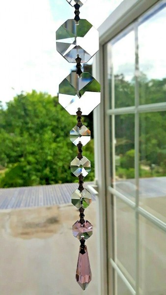 Crystal Suncatcher Hanging Pink Glass Pendant With 10 Crystal Swarovski Octagons